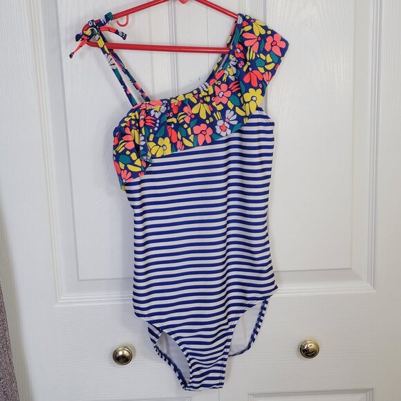 Cat & Jack Girls One Piece Swimsuit Size L 10-12 Floral Ruffle Blue White Stripe - Picture 2 of 10